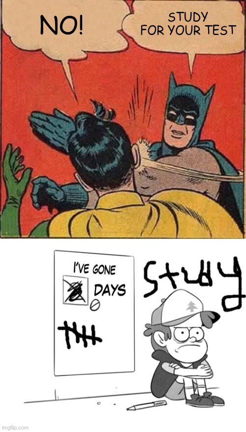 so true | NO! STUDY FOR YOUR TEST | image tagged in memes,batman slapping robin,dipper has gone 0 days without x | made w/ Imgflip meme maker