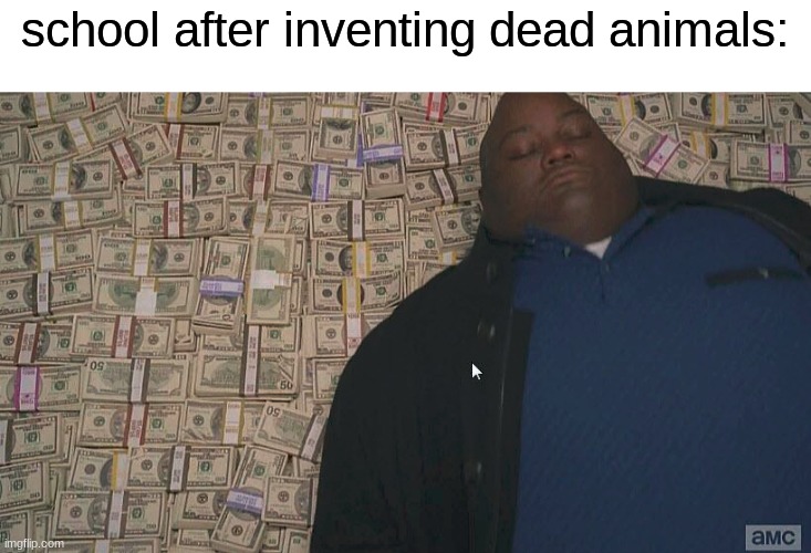 Fat guy laying on money | school after inventing dead animals: | image tagged in fat guy laying on money,funny,school,school meme | made w/ Imgflip meme maker
