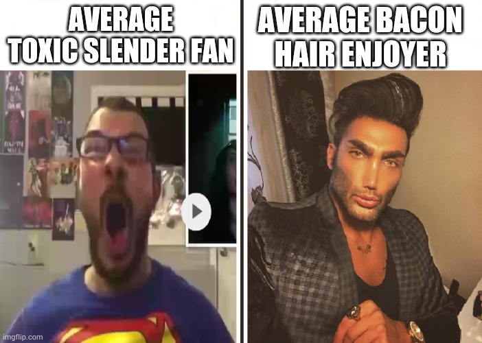 Average Fan vs Average Enjoyer | AVERAGE TOXIC SLENDER FAN; AVERAGE BACON HAIR ENJOYER | image tagged in average fan vs average enjoyer | made w/ Imgflip meme maker
