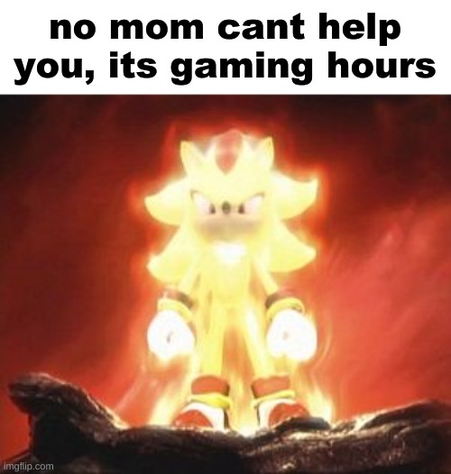 gaming hours from 11:30am to 10:45pm only on weekdays | no mom cant help you, its gaming hours | image tagged in super shadow | made w/ Imgflip meme maker