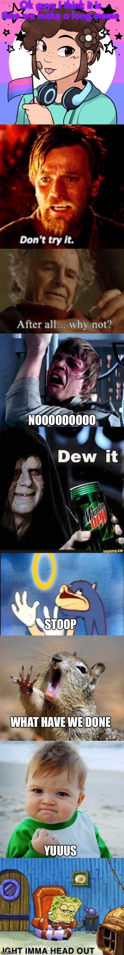 My first long meme |  Ok guys I think it is time we make a long meme; NOOOOOOOOO; STOOP; WHAT HAVE WE DONE; YUUUS | image tagged in don't try it,why not,luke skywalker noooo,dew it,sonic derp,noooooooooooooooooooooooo | made w/ Imgflip meme maker