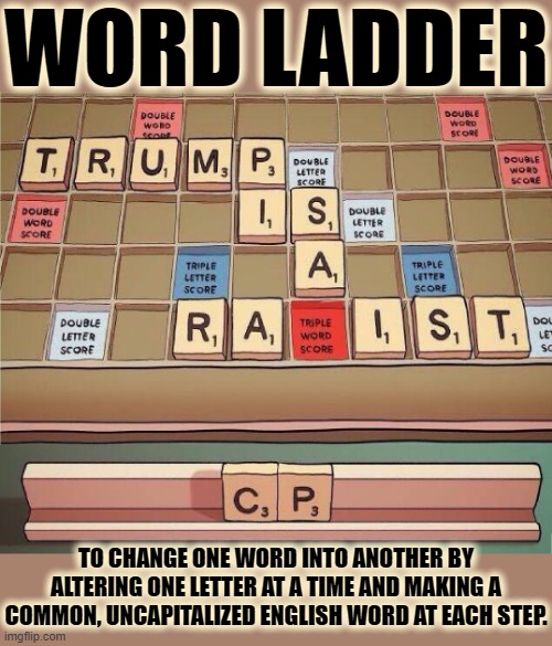WORD LADDER | WORD LADDER; TO CHANGE ONE WORD INTO ANOTHER BY ALTERING ONE LETTER AT A TIME AND MAKING A COMMON, UNCAPITALIZED ENGLISH WORD AT EACH STEP. | image tagged in word ladder,letter,puzzle,change,alter,game | made w/ Imgflip meme maker