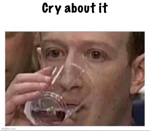 Mark Zuckerberg drinking water | Cry about it | image tagged in mark zuckerberg drinking water | made w/ Imgflip meme maker