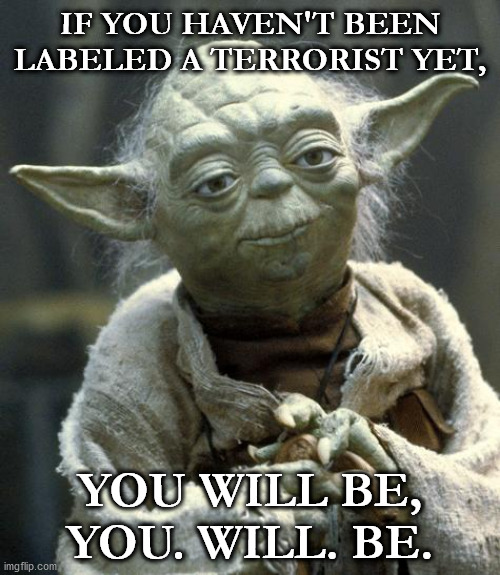 yoda | IF YOU HAVEN'T BEEN LABELED A TERRORIST YET, YOU WILL BE, YOU. WILL. BE. | image tagged in yoda | made w/ Imgflip meme maker