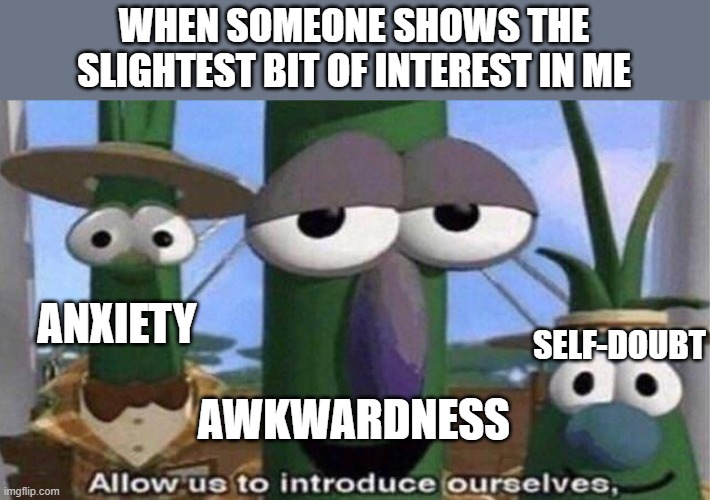 ???? | WHEN SOMEONE SHOWS THE SLIGHTEST BIT OF INTEREST IN ME; ANXIETY; SELF-DOUBT; AWKWARDNESS | image tagged in veggietales 'allow us to introduce ourselfs' | made w/ Imgflip meme maker