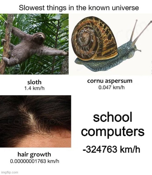 Slowest things | school computers; -324763 km/h | image tagged in slowest things | made w/ Imgflip meme maker