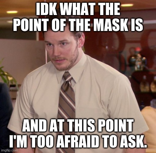 what is it? | IDK WHAT THE POINT OF THE MASK IS; AND AT THIS POINT I'M TOO AFRAID TO ASK. | image tagged in memes,afraid to ask andy | made w/ Imgflip meme maker