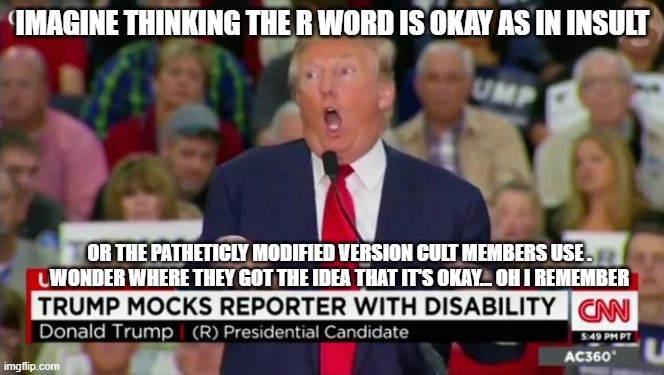 Trump Mocking Disabled | IMAGINE THINKING THE R WORD IS OKAY AS IN INSULT; OR THE PATHETICLY MODIFIED VERSION CULT MEMBERS USE . WONDER WHERE THEY GOT THE IDEA THAT IT'S OKAY... OH I REMEMBER | image tagged in trump mocking disabled | made w/ Imgflip meme maker