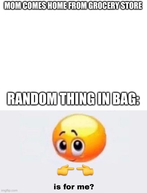 Isith for me'th? :O | MOM COMES HOME FROM GROCERY STORE; RANDOM THING IN BAG: | image tagged in blank white template,is for me,mom | made w/ Imgflip meme maker
