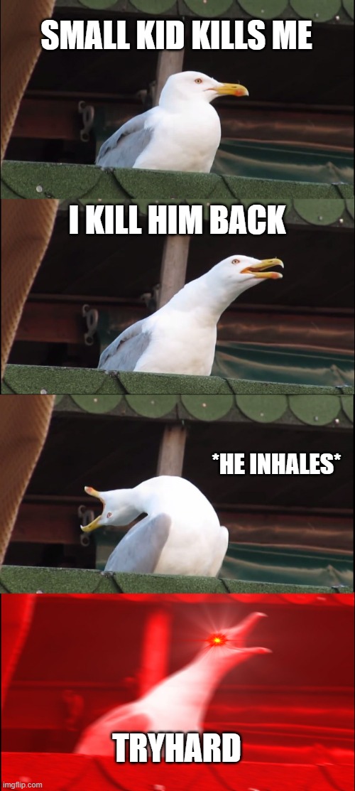 I think many can agree to this | SMALL KID KILLS ME; I KILL HIM BACK; *HE INHALES*; TRYHARD | image tagged in memes,inhaling seagull | made w/ Imgflip meme maker