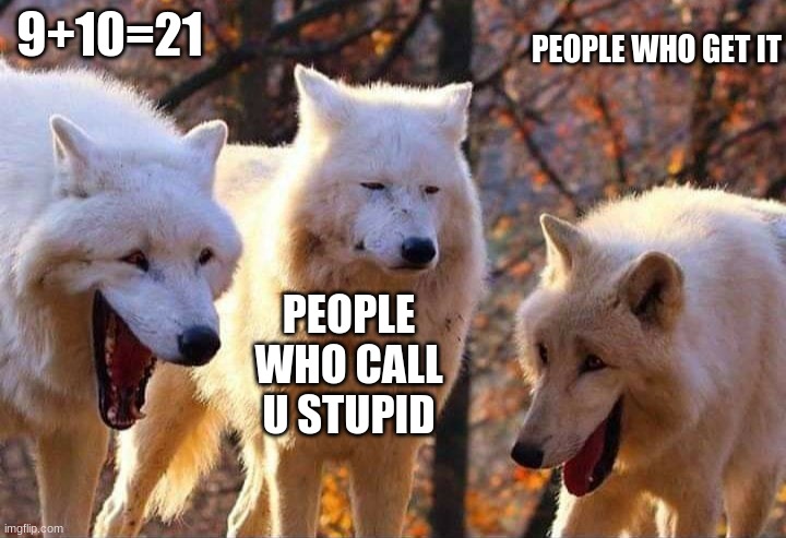 Laughing wolf | 9+10=21; PEOPLE WHO GET IT; PEOPLE WHO CALL U STUPID | image tagged in laughing wolf | made w/ Imgflip meme maker