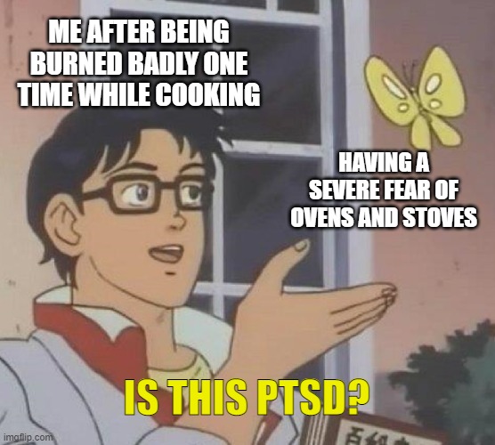 I cannot go near an active oven without panicking | ME AFTER BEING BURNED BADLY ONE TIME WHILE COOKING; HAVING A SEVERE FEAR OF OVENS AND STOVES; IS THIS PTSD? | image tagged in memes,is this a pigeon | made w/ Imgflip meme maker