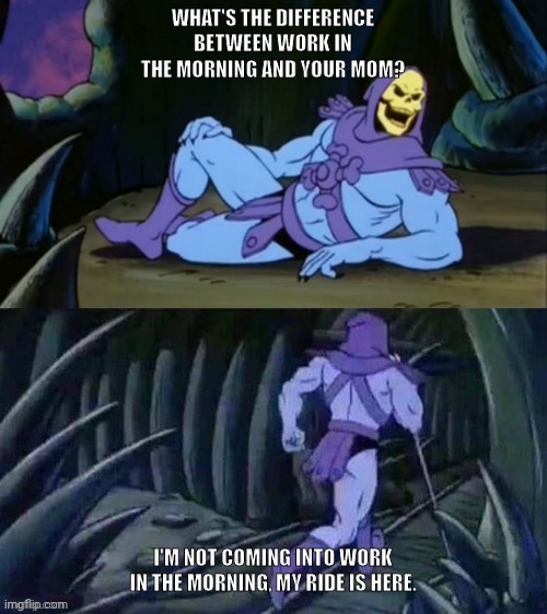 Love your mom | WHAT'S THE DIFFERENCE BETWEEN WORK IN THE MORNING AND YOUR MOM? I'M NOT COMING INTO WORK IN THE MORNING, MY RIDE IS HERE. | image tagged in skeletor disturbing facts | made w/ Imgflip meme maker