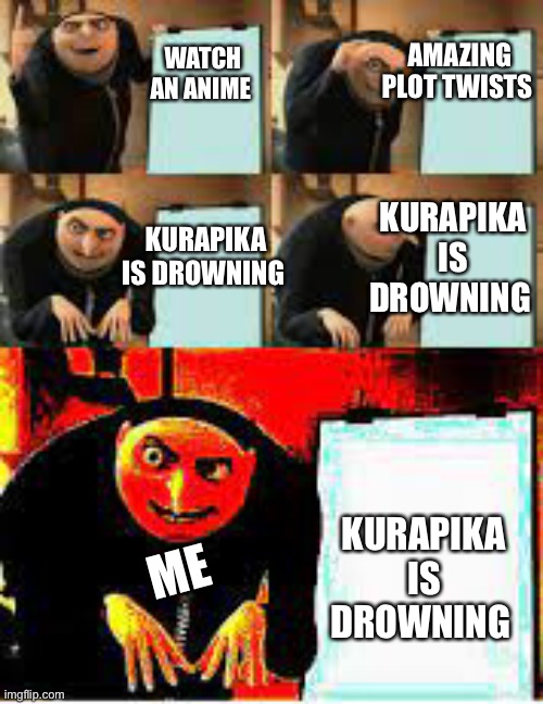 Kurpica is now drowning in an indescribable emptiness | AMAZING PLOT TWISTS; WATCH AN ANIME; KURAPIKA IS DROWNING; KURAPIKA IS DROWNING; ME; KURAPIKA IS DROWNING | image tagged in rage gru | made w/ Imgflip meme maker
