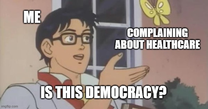 Is This Democracy? | ME; COMPLAINING ABOUT HEALTHCARE; IS THIS DEMOCRACY? | image tagged in is this a pigeon,democracy,healthcare | made w/ Imgflip meme maker