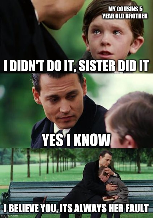 My cousin always talks about how her little brother blames her for everything | MY COUSINS 5 YEAR OLD BROTHER; I DIDN'T DO IT, SISTER DID IT; YES I KNOW; I BELIEVE YOU, ITS ALWAYS HER FAULT | image tagged in memes,finding neverland | made w/ Imgflip meme maker