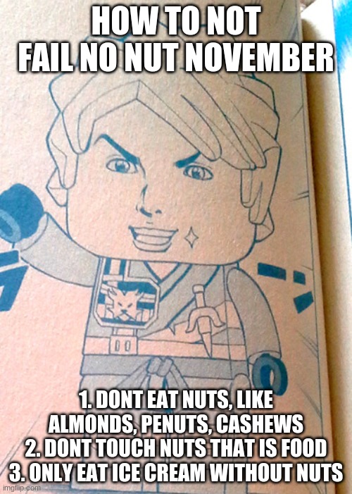 Jojo Lloyd | HOW TO NOT FAIL NO NUT NOVEMBER; 1. DONT EAT NUTS, LIKE ALMONDS, PENUTS, CASHEWS
2. DONT TOUCH NUTS THAT IS FOOD
3. ONLY EAT ICE CREAM WITHOUT NUTS | image tagged in jojo lloyd | made w/ Imgflip meme maker