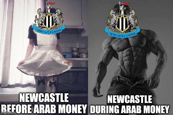 That's the situation... :/ |  NEWCASTLE BEFORE ARAB MONEY; NEWCASTLE DURING ARAB MONEY | image tagged in strongest fan vs weakest fan,newcastle,premier league,money,football,soccer | made w/ Imgflip meme maker