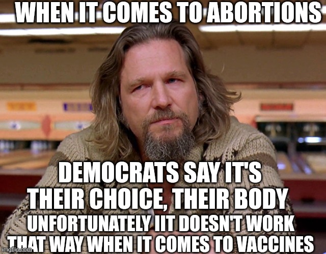 Jeff Bridges The Dude looking thoughtful | WHEN IT COMES TO ABORTIONS; DEMOCRATS SAY IT'S THEIR CHOICE, THEIR BODY; UNFORTUNATELY IIT DOESN'T WORK THAT WAY WHEN IT COMES TO VACCINES | image tagged in jeff bridges the dude looking thoughtful | made w/ Imgflip meme maker