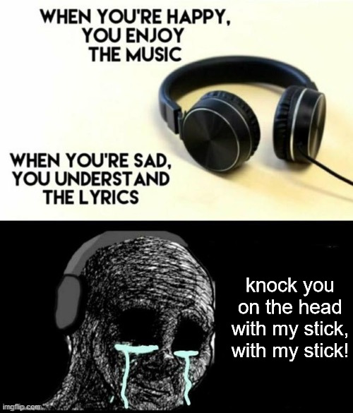 lyrics are from "my stick" by bad lip reading. |  knock you on the head with my stick, with my stick! | image tagged in when your sad you understand the lyrics | made w/ Imgflip meme maker