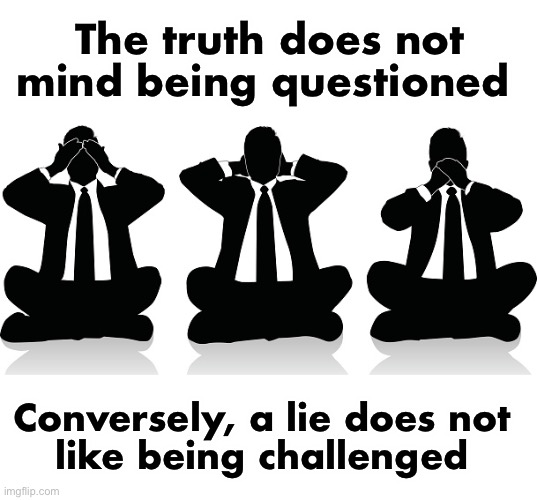 Government and Media rely on the sheep to keep them in power | The truth does not mind being questioned; Conversely, a lie does not 
like being challenged | image tagged in speak no truth | made w/ Imgflip meme maker
