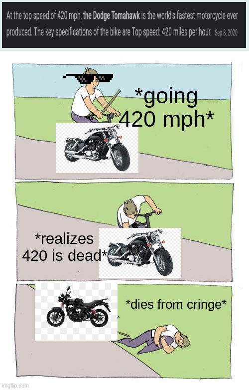 50% of people: damn thats fast     other half: *cries from 2012 nostalgia* | *going 420 mph*; *realizes 420 is dead*; *dies from cringe* | image tagged in memes,bike fall | made w/ Imgflip meme maker
