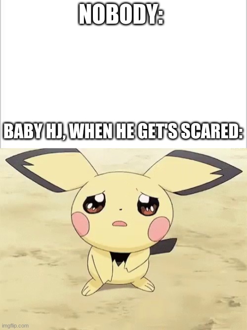 :) | NOBODY:; BABY HJ, WHEN HE GET'S SCARED: | image tagged in white background,sad pichu | made w/ Imgflip meme maker