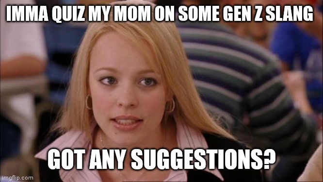 Its Not Going To Happen | IMMA QUIZ MY MOM ON SOME GEN Z SLANG; GOT ANY SUGGESTIONS? | image tagged in memes,its not going to happen | made w/ Imgflip meme maker