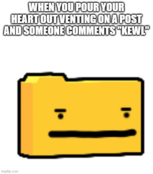 3D Ron Dissapointed | WHEN YOU POUR YOUR HEART OUT VENTING ON A POST AND SOMEONE COMMENTS "KEWL" | image tagged in 3d ron dissapointed | made w/ Imgflip meme maker