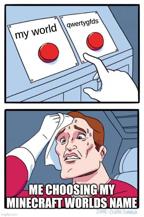 Two Buttons Meme | qwertygfds; my world; ME CHOOSING MY MINECRAFT WORLDS NAME | image tagged in memes,two buttons | made w/ Imgflip meme maker