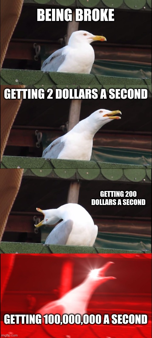 Inhaling Seagull Meme | BEING BROKE; GETTING 2 DOLLARS A SECOND; GETTING 200 DOLLARS A SECOND; GETTING 100,000,000 A SECOND | image tagged in memes,inhaling seagull | made w/ Imgflip meme maker