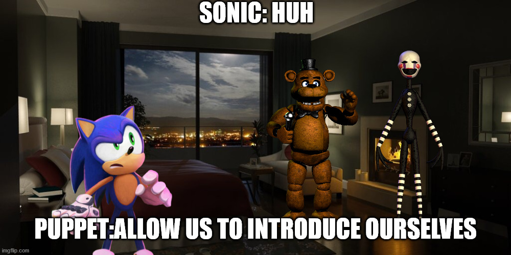 Night bedroom | SONIC: HUH; PUPPET:ALLOW US TO INTRODUCE OURSELVES | image tagged in night bedroom | made w/ Imgflip meme maker