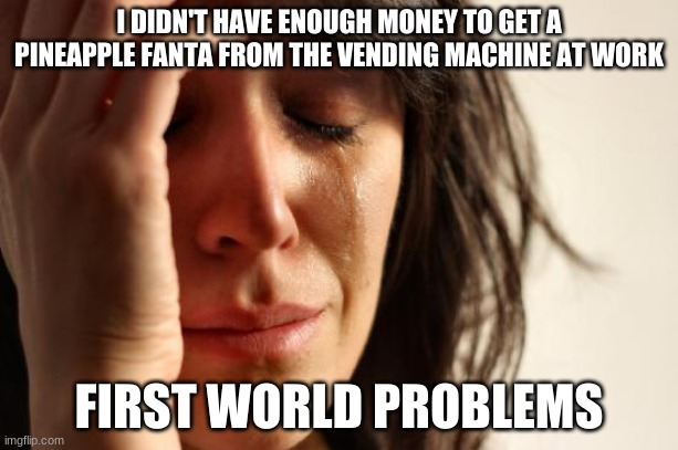 White people be like | I DIDN'T HAVE ENOUGH MONEY TO GET A PINEAPPLE FANTA FROM THE VENDING MACHINE AT WORK; FIRST WORLD PROBLEMS | image tagged in memes,first world problems | made w/ Imgflip meme maker
