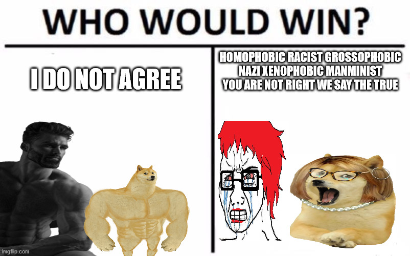 Who Would Win? | HOMOPHOBIC RACIST GROSSOPHOBIC NAZI XENOPHOBIC MANMINIST YOU ARE NOT RIGHT WE SAY THE TRUE; I DO NOT AGREE | image tagged in memes,who would win | made w/ Imgflip meme maker