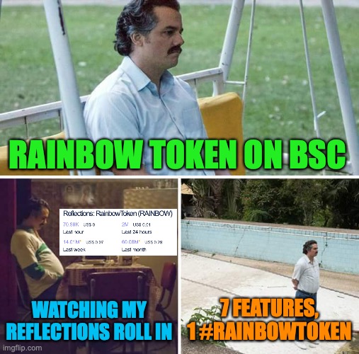 Rainbow Token Meme #2 | RAINBOW TOKEN ON BSC; WATCHING MY REFLECTIONS ROLL IN; 7 FEATURES, 1 #RAINBOWTOKEN | image tagged in memes,sad pablo escobar,crypto | made w/ Imgflip meme maker