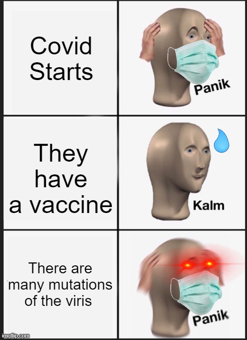 Panik Kalm Panik | Covid Starts; They have a vaccine; There are many mutations of the viris | image tagged in memes,panik kalm panik | made w/ Imgflip meme maker