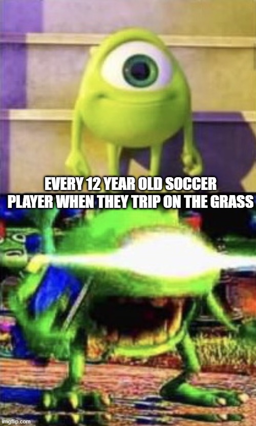 Mike wazowski | EVERY 12 YEAR OLD SOCCER PLAYER WHEN THEY TRIP ON THE GRASS | image tagged in mike wazowski,cool,okay | made w/ Imgflip meme maker
