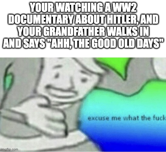 Excuse me what? | YOUR WATCHING A WW2 DOCUMENTARY ABOUT HITLER, AND YOUR GRANDFATHER WALKS IN AND SAYS "AHH, THE GOOD OLD DAYS" | image tagged in excuse me wtf blank template | made w/ Imgflip meme maker