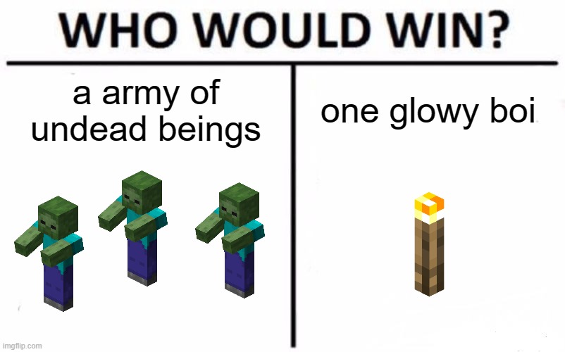 i think yes | a army of undead beings; one glowy boi | image tagged in memes,who would win,minecraft | made w/ Imgflip meme maker
