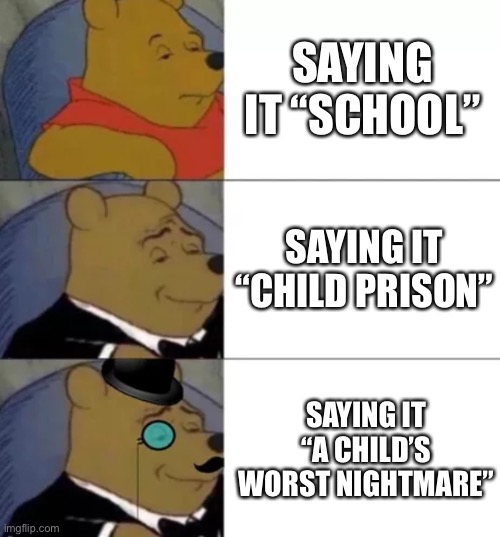 School meme | SAYING IT “SCHOOL”; SAYING IT “CHILD PRISON”; SAYING IT “A CHILD’S WORST NIGHTMARE” | image tagged in fancy pooh | made w/ Imgflip meme maker