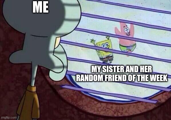 Squidward window | ME; MY SISTER AND HER RANDOM FRIEND OF THE WEEK | image tagged in squidward window | made w/ Imgflip meme maker