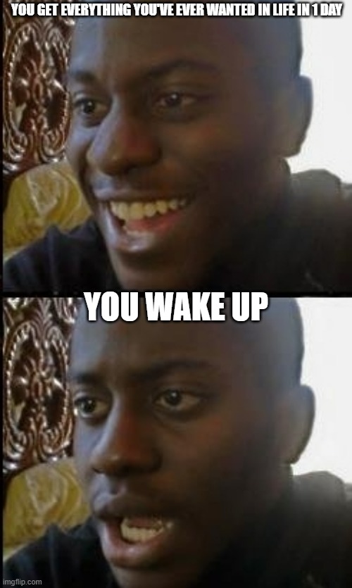 Disappointed black guy | YOU GET EVERYTHING YOU'VE EVER WANTED IN LIFE IN 1 DAY; YOU WAKE UP | image tagged in disappointed black guy | made w/ Imgflip meme maker