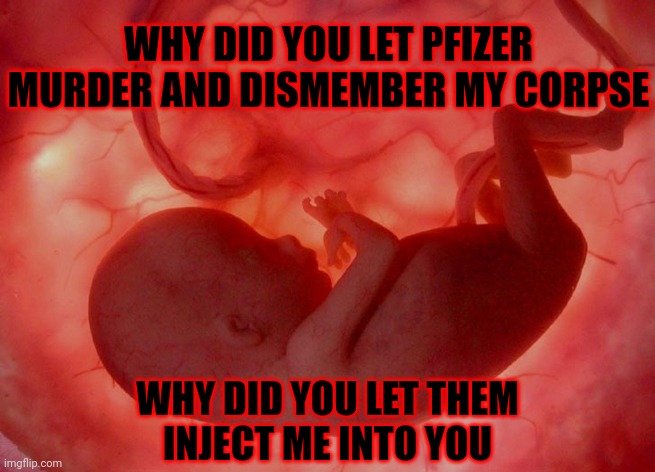 Wholesale slaughter | WHY DID YOU LET PFIZER MURDER AND DISMEMBER MY CORPSE; WHY DID YOU LET THEM
INJECT ME INTO YOU | image tagged in fetus,pfizer,vaccine,dead,baby,shots | made w/ Imgflip meme maker