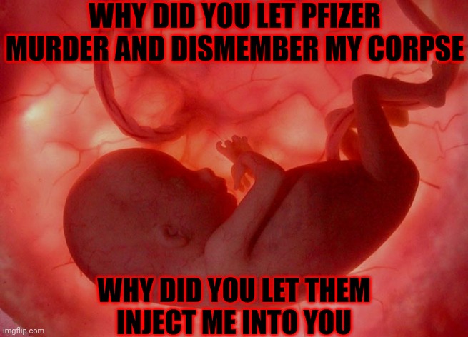 Wholesale slaughter | WHY DID YOU LET PFIZER MURDER AND DISMEMBER MY CORPSE; WHY DID YOU LET THEM
INJECT ME INTO YOU | image tagged in fetus,dead,baby,pfizer,vaccine,shots | made w/ Imgflip meme maker