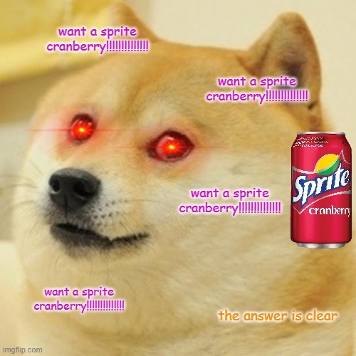 Doge | want a sprite cranberry!!!!!!!!!!!!!! want a sprite cranberry!!!!!!!!!!!!!! want a sprite cranberry!!!!!!!!!!!!!! want a sprite cranberry!!!!!!!!!!!!!! the answer is clear | image tagged in memes,doge | made w/ Imgflip meme maker