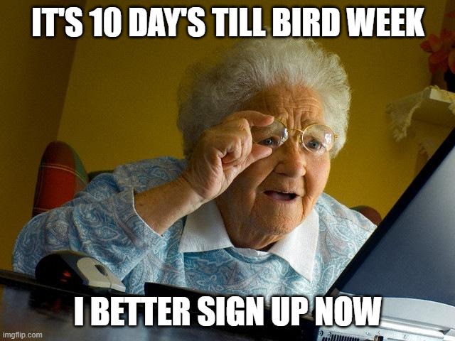 sign up now!! | IT'S 10 DAY'S TILL BIRD WEEK; I BETTER SIGN UP NOW | image tagged in memes,grandma finds the internet | made w/ Imgflip meme maker
