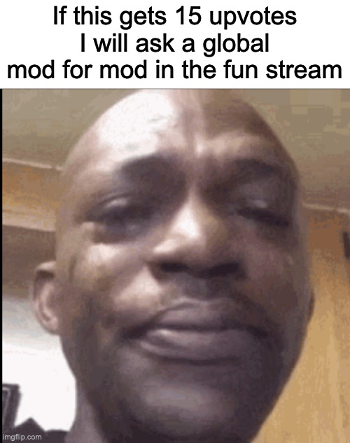 S | If this gets 15 upvotes I will ask a global mod for mod in the fun stream | image tagged in crying black dude | made w/ Imgflip meme maker