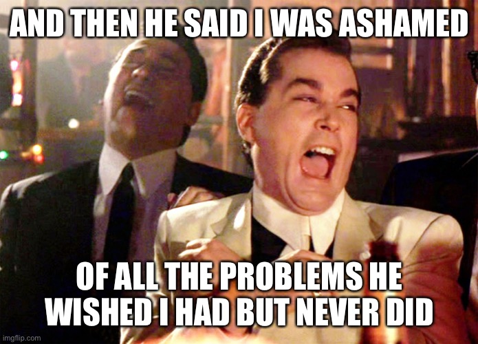 Good Fellas Hilarious | AND THEN HE SAID I WAS ASHAMED; OF ALL THE PROBLEMS HE WISHED I HAD BUT NEVER DID | image tagged in memes,good fellas hilarious,true story bro | made w/ Imgflip meme maker
