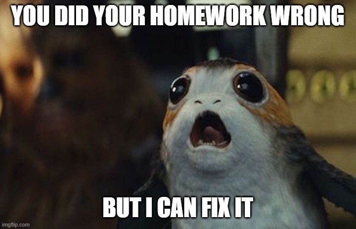 When your teacher finds that you mad a mistake | YOU DID YOUR HOMEWORK WRONG; BUT I CAN FIX IT | image tagged in star wars porg | made w/ Imgflip meme maker