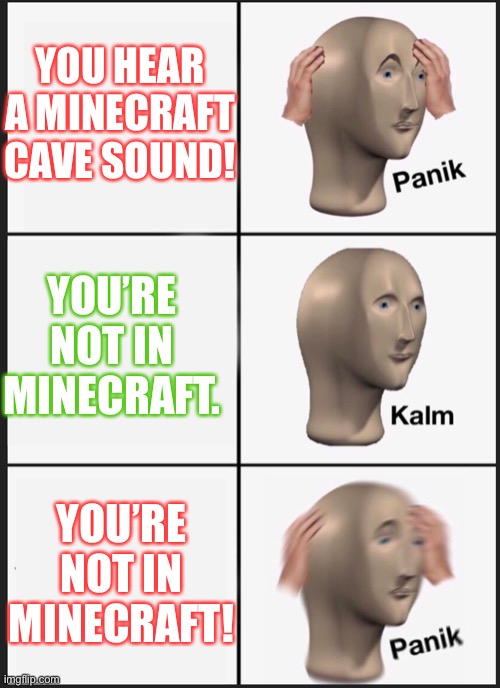 Minecraft cave sound | YOU HEAR A MINECRAFT CAVE SOUND! YOU’RE NOT IN MINECRAFT. YOU’RE NOT IN MINECRAFT! | image tagged in panik calm panik | made w/ Imgflip meme maker